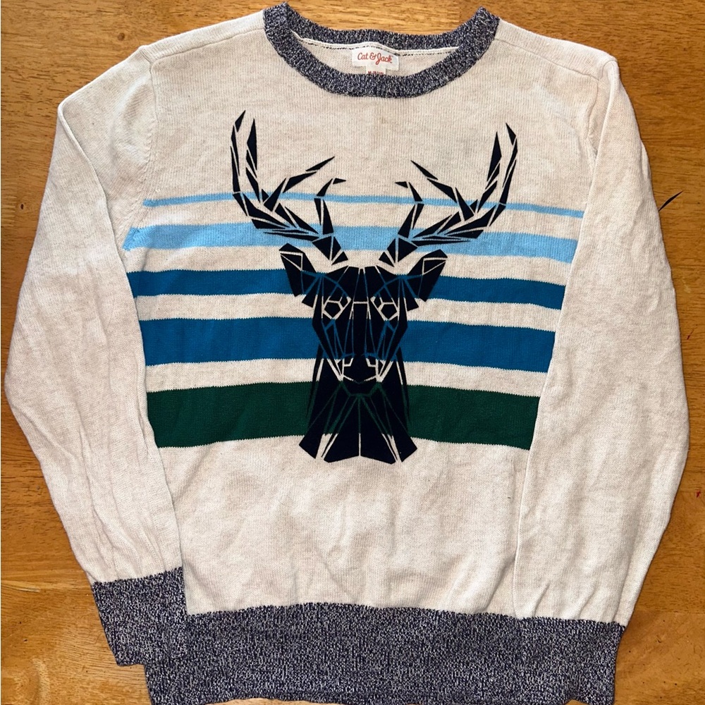 Cat & Jack Cream and Blue Striped Deer Sweater